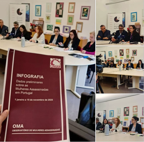 Cátia Pontedeira numa conferência de imprensa sobre violência de género